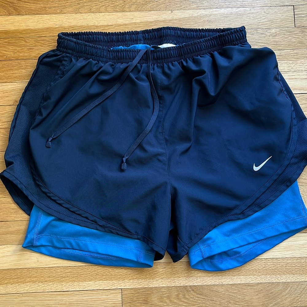 Nike Dri Fit blue Athletic Running Shorts Built In Compression Shorts Womens M